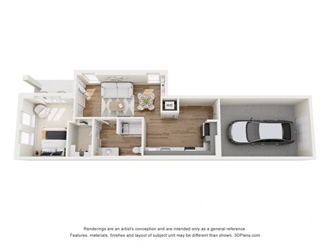 Floor plan for 1 bed, 1 bath, 733 sqft